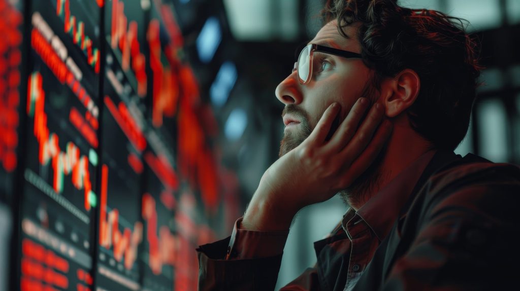 Man staring at panel of screens showing red charts and graphs