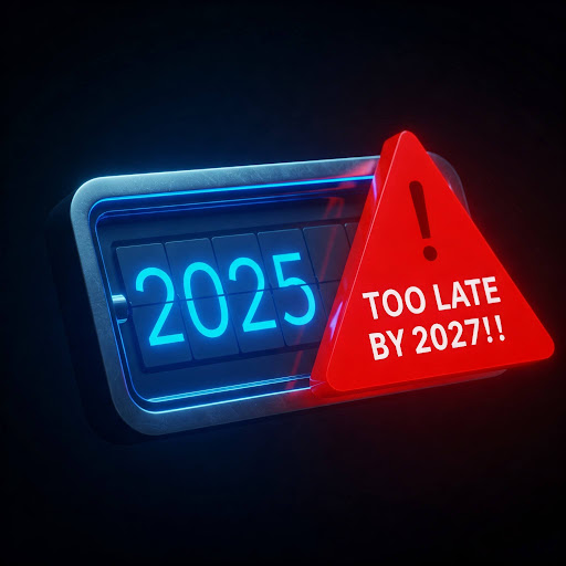 Blue calendar showing 2025 and red triangle overlapping it stating 'Too late by 2027'